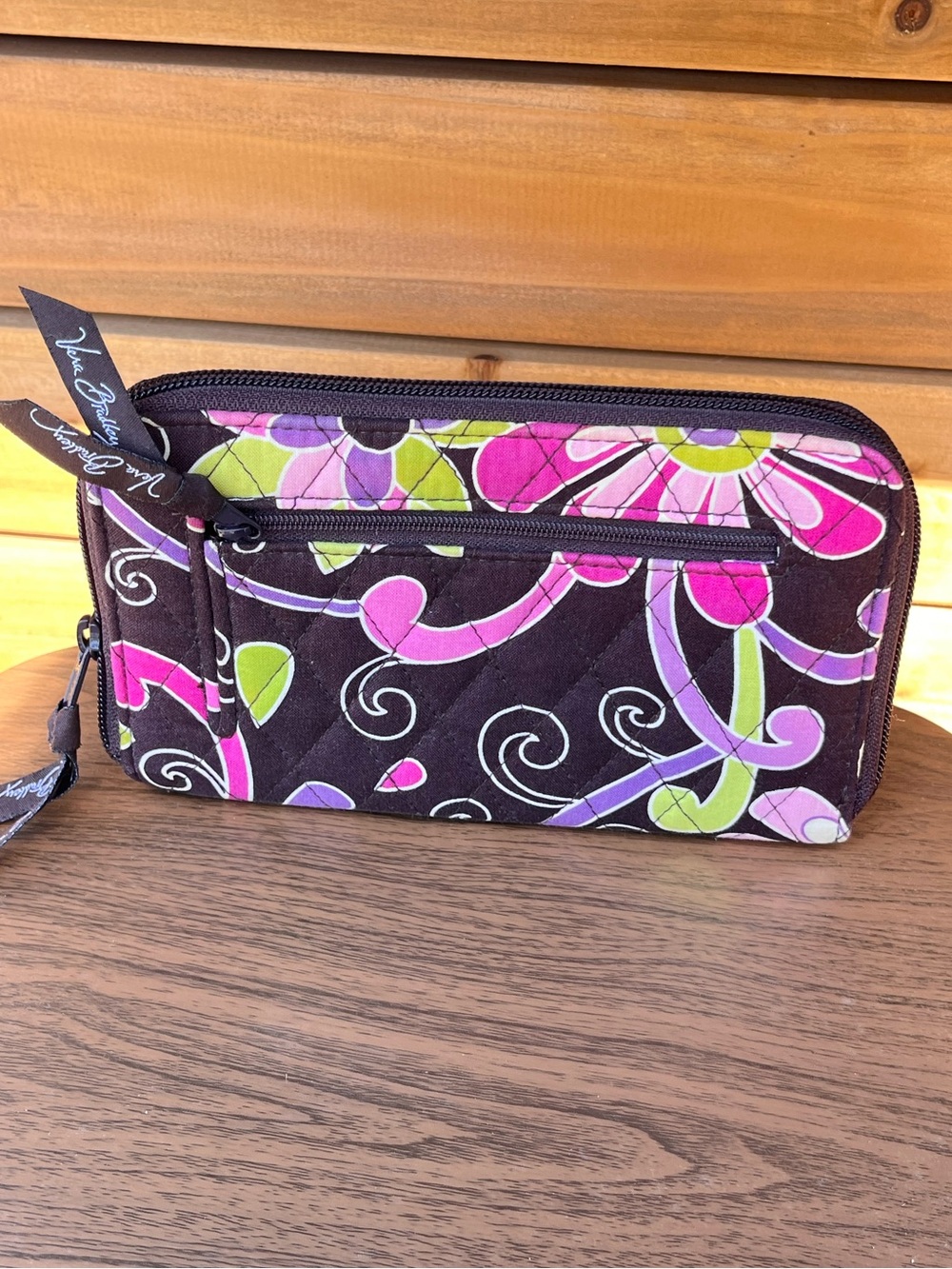 Vera Bradley Black Quilted Floral Zip Wallet with Pink, Purple & Green Accents